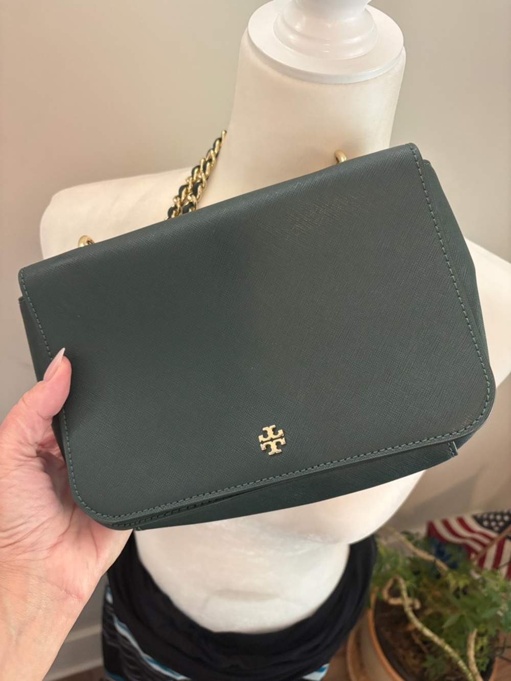 Tory Burch Hunter Green Leather Chain Crossbody with Gold Logo